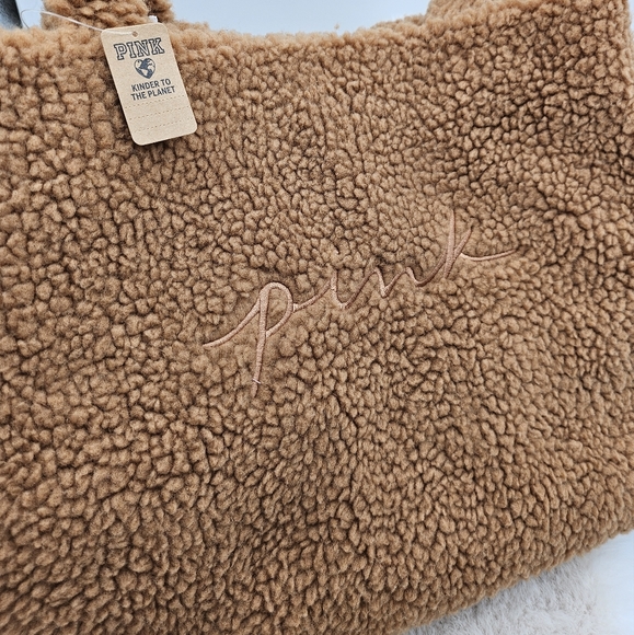 PINK Plush‎ Fleece Sherpa Brown TOTE BAG Snap Closure Victoria secrets bag purse - Picture 2 of 12